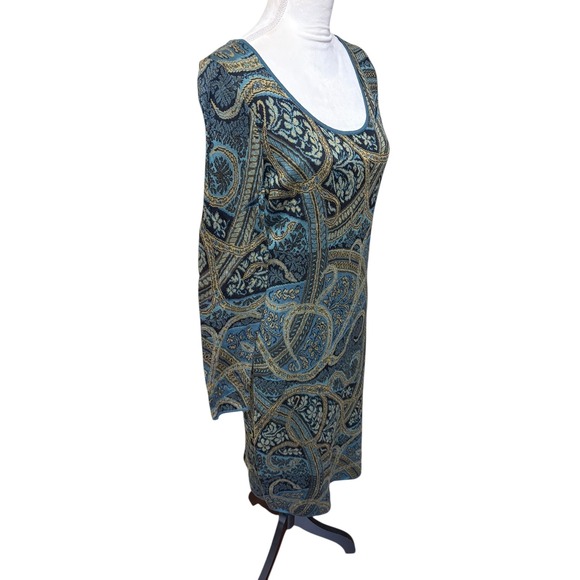 Peruvian Connection Teal Green Caribe Paisley Kashmiri Midi Sweater Dress -M - Picture 4 of 7